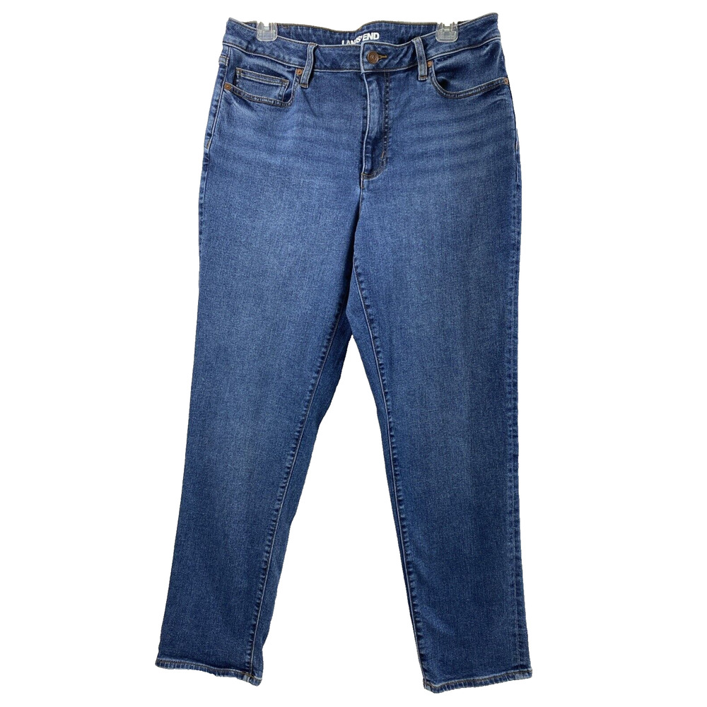 Lands End Mom Jeans Womens Size 12 Medium Wash Denim Straight‎ Stretch High Rise